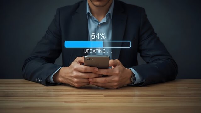 A user patiently awaits completion as a progress bar on a smartphone indicates a technology update.