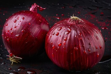 Artistic still life composition showcasing a vibrant red onion against a dark backdrop