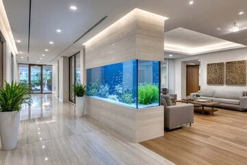 Fototapeta premium Modern office interior design featuring large aquarium with tropical fish