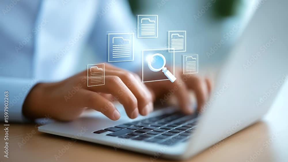 Poster hands swiftly navigate a laptop's file management interface in a close-up shot.