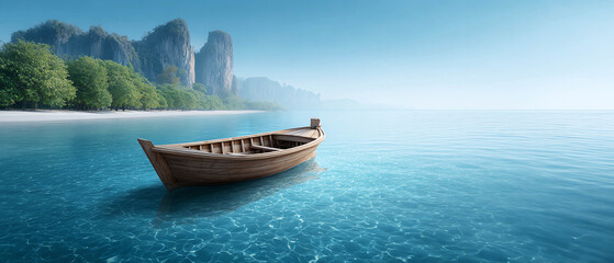 Wooden boat floating on clear blue sea, tropical beach calm water peaceful scenery green trees.
