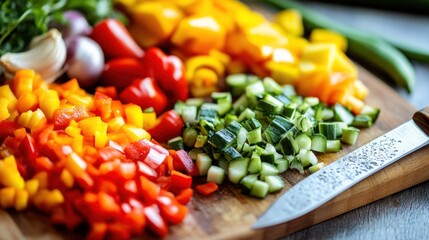 A close-up of a chef's knife and a colorful array of freshly chopped vegetables on a large wooden cutting board, culinary arts, farm-to-table aesthetic, vibrant colors, 
