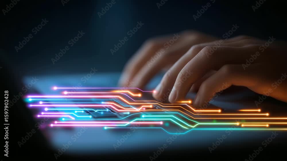 Aufkleber fingers swiftly navigate a modern laptop as digital data flows across the screen.