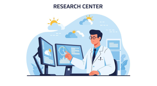 Weather Researcher Analyzing Data On Computers In Scientific Environment