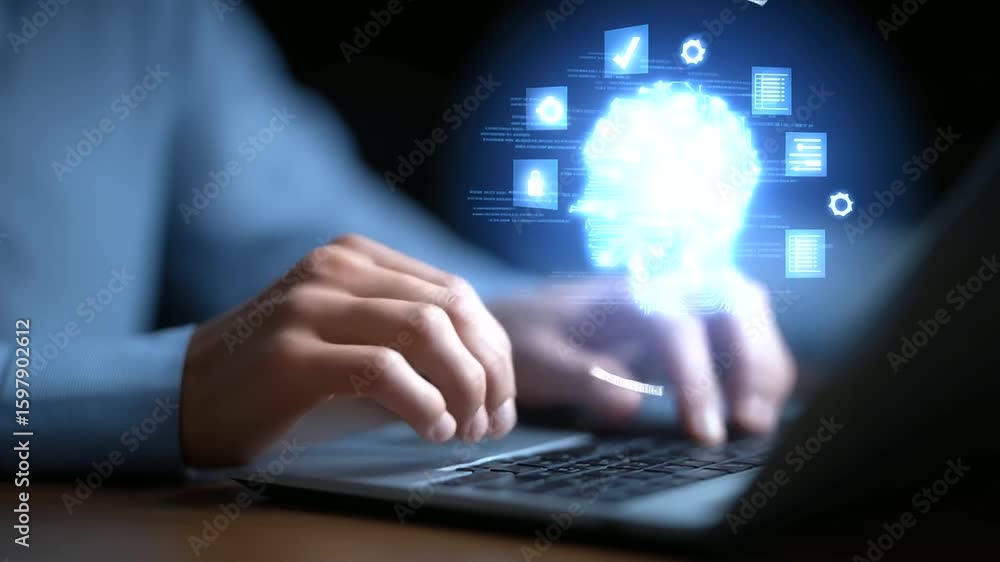Poster zoomed-in view of hands typing on a laptop keyboard, overlaid with digital ai graphics.