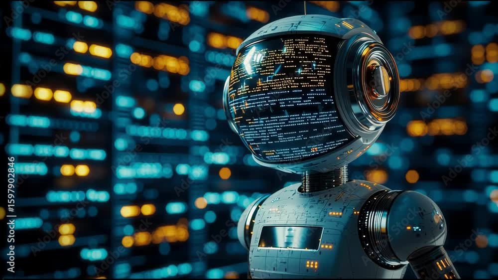 Poster a robot with a computer screen in the background illustrating machine learning applications in crypt