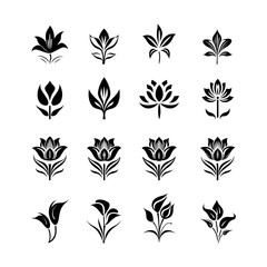 Elegant set of sixteen stylized black flower icons. A collection of abstract floral design elements and logo templates.