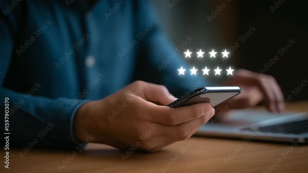Poster a close-up shot of hands interacting with a smartphone, featuring animated rating icons floating abo