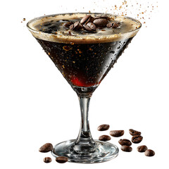 A martini glass filled with rich coffee cocktail, tilted slightly with glossy surface highlights and scattered coffee beans, illuminated dramatically against transparent background. 