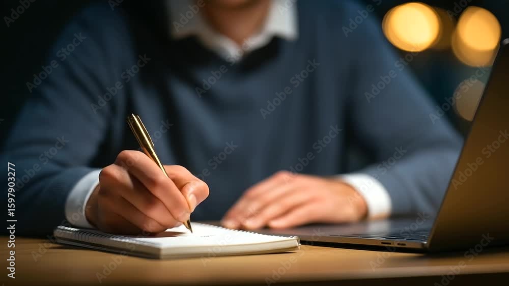 Poster detailed shot of hands jotting down notes in a notebook next to an open laptop.