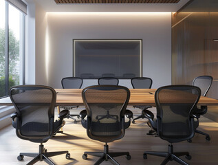 modern conference room with large walnut table, 6 black mesh chairs, built-in screen on wall, soft daylight from side window, corporate office style, clean minimal setting.