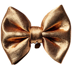 A luxurious bronze bow tie with pronounced folds and sheen, captured from a 45? angle under controlled lighting to accentuate fabric weave and reflective detail, isolated on transparent background.