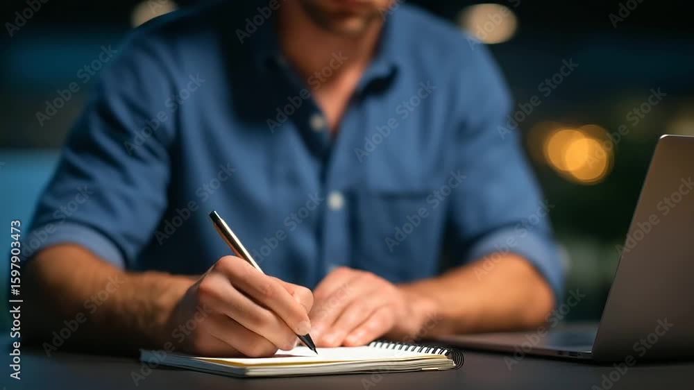 Aufkleber detailed view of hands jotting down notes in a notebook on a dimly lit desk.