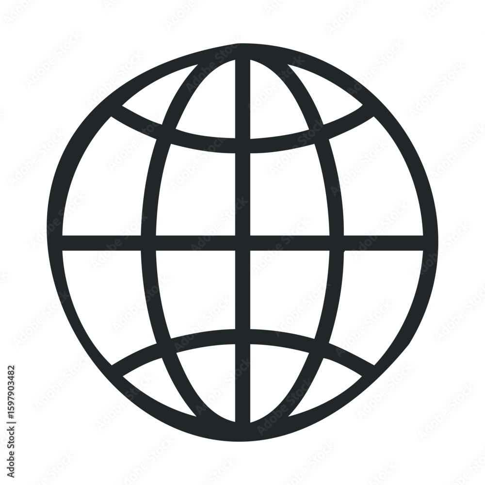 Poster global web icon in black and white with grid lines and continents