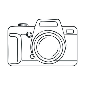 Simple outline drawing of dslr camera with lens on white background