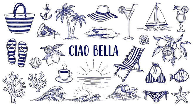 Summer vacation nautical set shows sketched beach items and Ciao Bella message