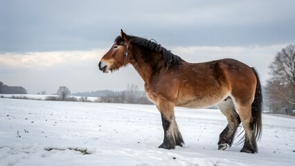 Sokolski Draft Horse Standing Calmly in Snowy Field