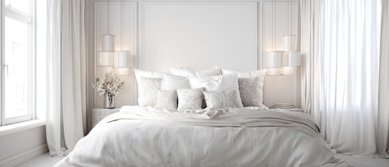 The serene white bedroom with elegant decor and cozy furnishings.