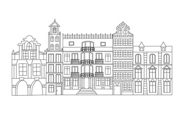 Tenement houses. Old, historical houses around the town market lined up.  Simple line design. Black and white. No background
