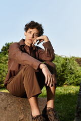 Young man enjoys sunny day in fashionable summer attire at vibrant green park
