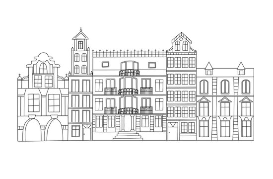 Tenement houses. Old, historical houses around the town market lined up.  Simple line design. Black and white. No background

