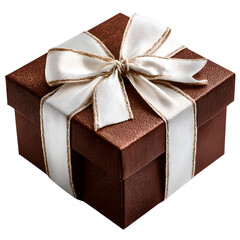 A matte brown gift box tied with a crisp white satin bow, tilted at an elegant angle with side lighting catching the fold lines and silky ribbon texture, isolated on transparent background. 