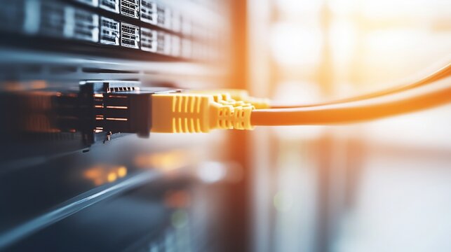 Close-up of network cables connected to servers in a modern server room data center