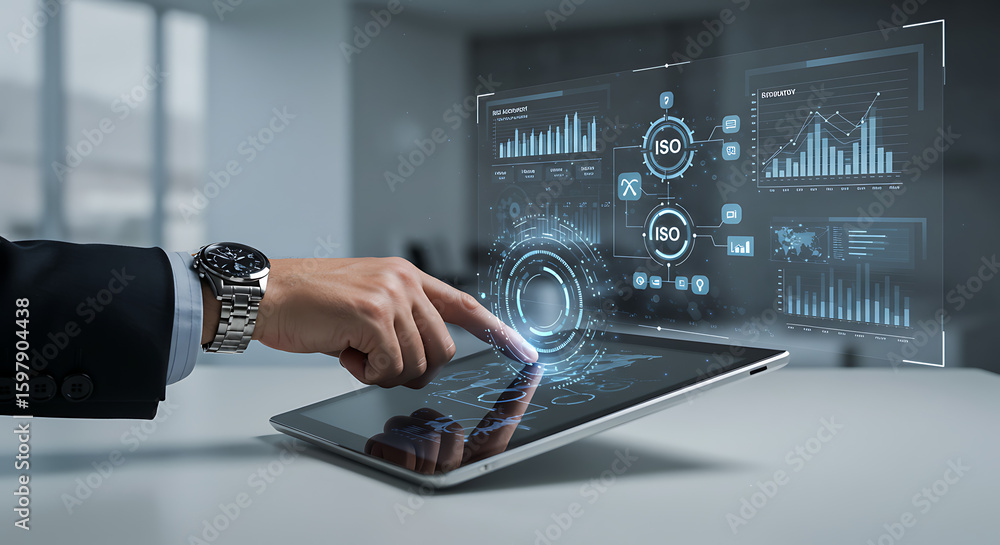 Aufkleber a hand interacts with a holographic display of data analytics on a tablet, showcasing modern technol