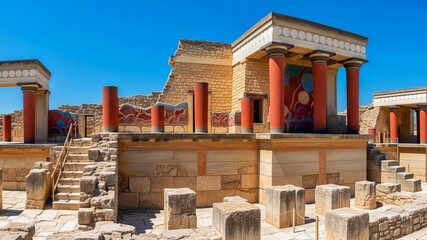 Ancient Minoan Palace of Knossos in Crete with Red Columns and Archaeological Ruins
