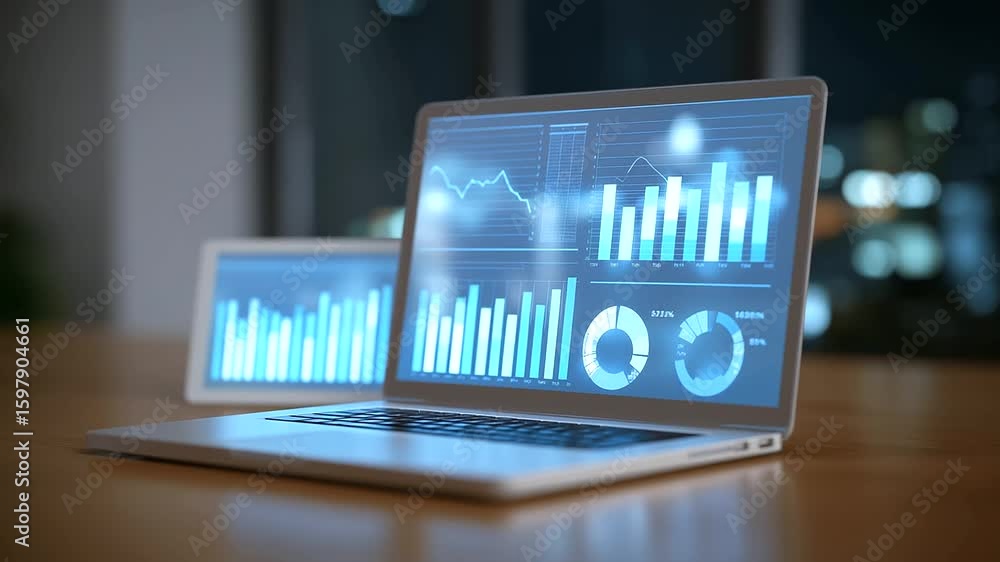 Poster a modern workspace featuring a data analysis dashboard displayed on a laptop and tablet.