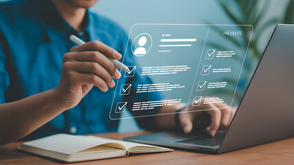 Person using stylus on digital checklist on screen hands