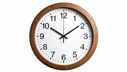 Close Up Of A Wooden Frame Wall Clock Featuring Floating Silver Hands Against A White Background