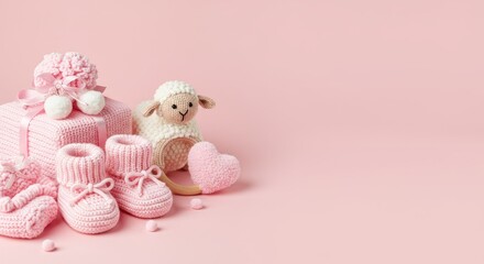 Baby girl items and accessories border frame isolated on pink background. Cute newborn clothes, toy and pacifier. Concept for a baby shower or birth announcement.