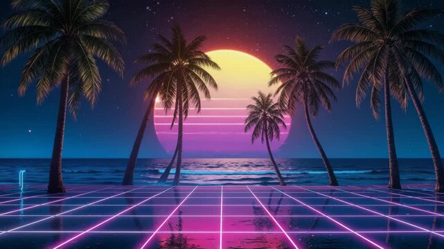 Palm trees reflecting on a neon grid at sunset with stars, creating a retro futuristic landscape.