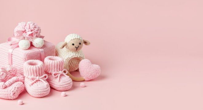 Baby girl items and accessories border frame isolated on pink background. Cute newborn clothes, toy and pacifier. Concept for a baby shower or birth announcement. - Powered by Adobe