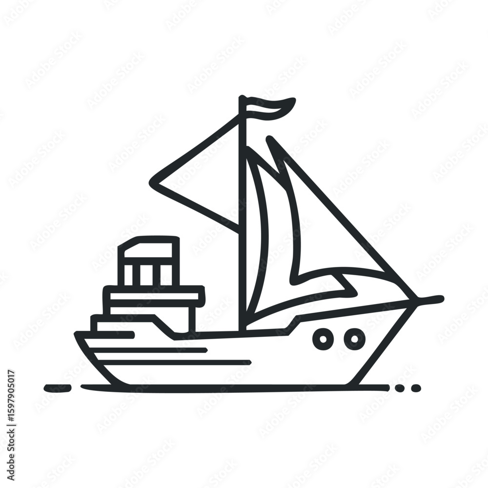Poster minimalist outline of a sailing ship with sails and flag on white background