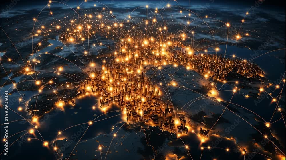 Poster aerial view of illuminated cities and connection networks over earth during twilight hours
