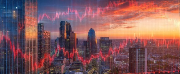 The urban skyline adorned with financial data visualization at sunset.