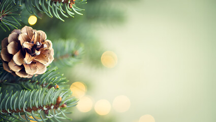 Pinecone on evergreen branch with bokeh lights needles brown
