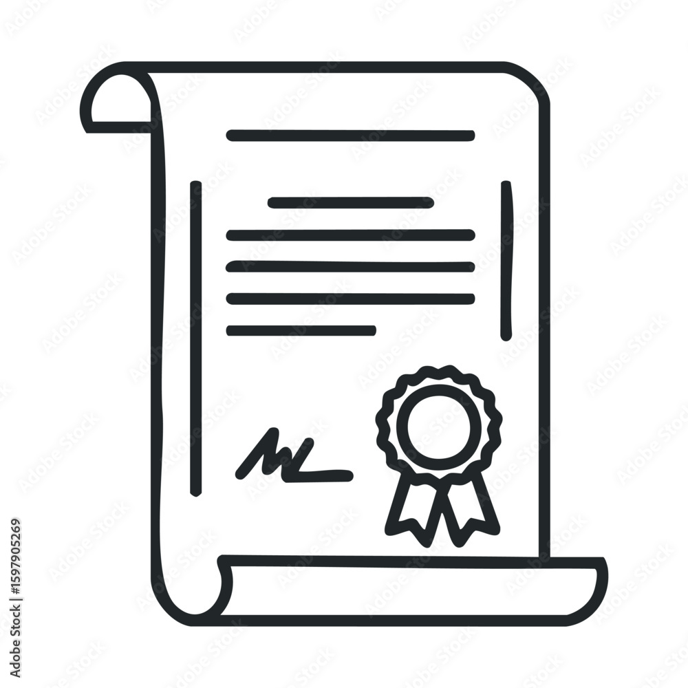 Poster hand-drawn certificate scroll with ribbon icon