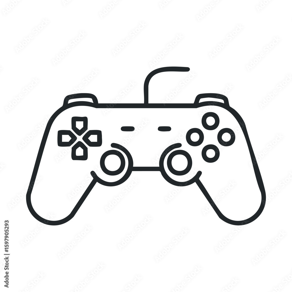 Poster black and white outline of a gaming controller with buttons and wired connection