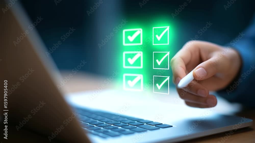 Poster laptop screen displaying interactive digital checklist panels.