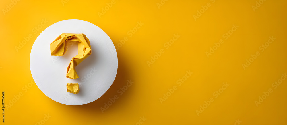 Poster yellow origami question mark on a white circular paper positioned right on vibrant yellow background