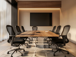 modern conference room with large walnut table, 6 black mesh chairs, built-in screen on wall, soft daylight from side window, corporate office style, clean minimal setting.