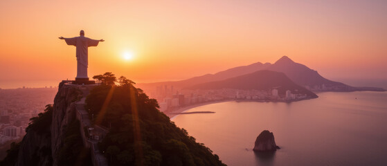 Majestic sunset over coastal city, featuring large statue on mountain. scene captures vibrant colors and serene beauty