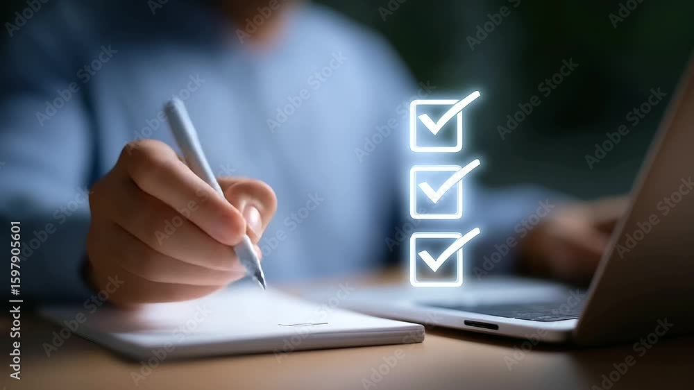 Aufkleber a futuristic digital checklist hologram being edited with a stylus on a notebook and laptop.