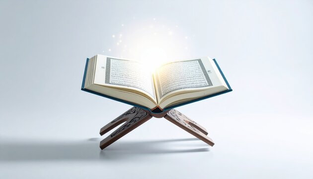 Digital Quran Device Mockup with Glowing Ayah Display on a Wooden Stand in White Background