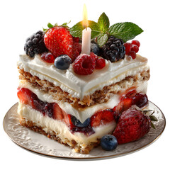 A moist berry cake slice with creamy layers and a lit candle, slightly tilted with soft shadows enhancing fruit detail and glowing flame, cleanly isolated on transparent background. 