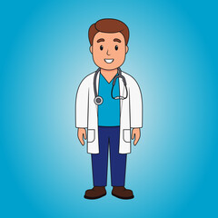 Cartoon standing doctor with stethoscope on a blue background. Young male doctor standing with stethoscope