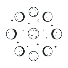 Fototapeta premium Lunar cycle phases: illustrated moon phases with stars
